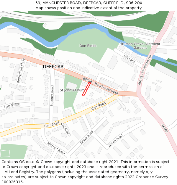 59, MANCHESTER ROAD, DEEPCAR, SHEFFIELD, S36 2QX: Location map and indicative extent of plot