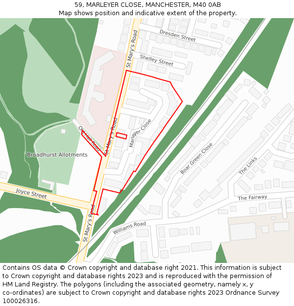 59, MARLEYER CLOSE, MANCHESTER, M40 0AB: Location map and indicative extent of plot