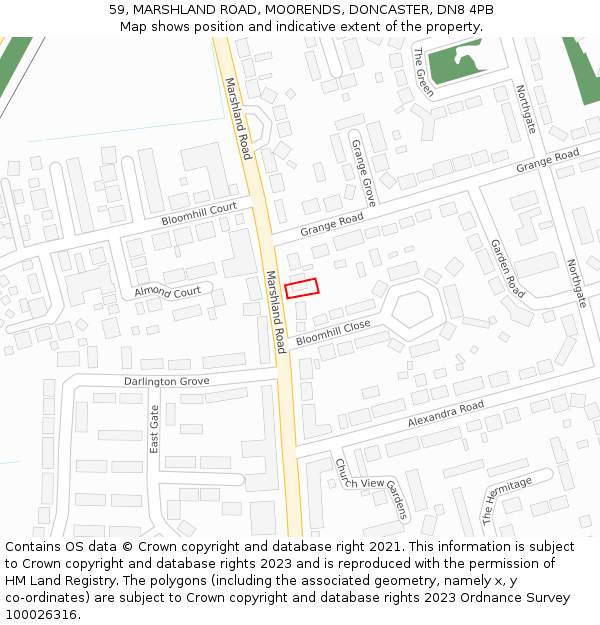 59, MARSHLAND ROAD, MOORENDS, DONCASTER, DN8 4PB: Location map and indicative extent of plot