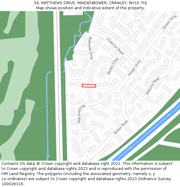 59, MATTHEWS DRIVE, MAIDENBOWER, CRAWLEY, RH10 7HJ: Location map and indicative extent of plot