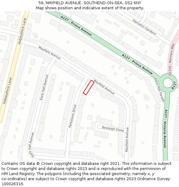 59, MAYFIELD AVENUE, SOUTHEND-ON-SEA, SS2 6NY: Location map and indicative extent of plot