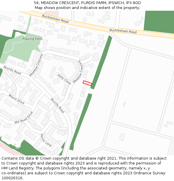 59, MEADOW CRESCENT, PURDIS FARM, IPSWICH, IP3 8GD: Location map and indicative extent of plot