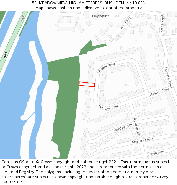 59, MEADOW VIEW, HIGHAM FERRERS, RUSHDEN, NN10 8EN: Location map and indicative extent of plot