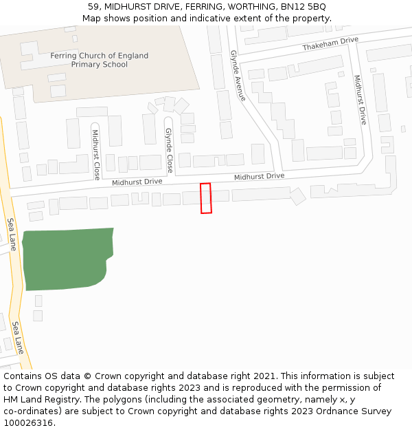 59, MIDHURST DRIVE, FERRING, WORTHING, BN12 5BQ: Location map and indicative extent of plot