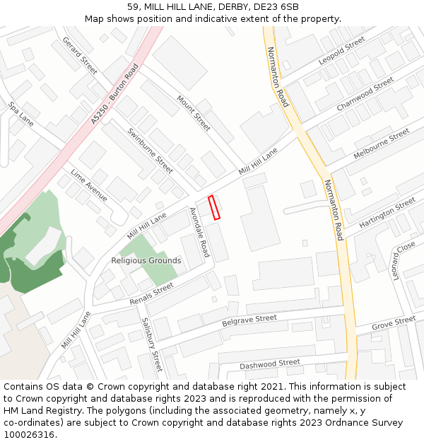 59, MILL HILL LANE, DERBY, DE23 6SB: Location map and indicative extent of plot