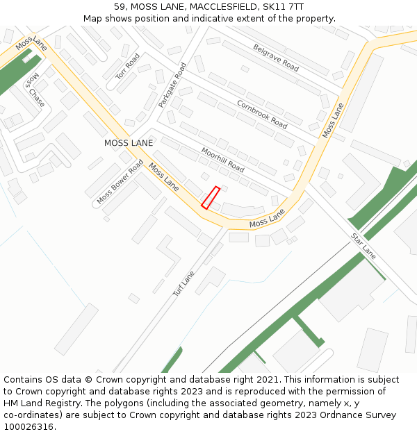 59, MOSS LANE, MACCLESFIELD, SK11 7TT: Location map and indicative extent of plot