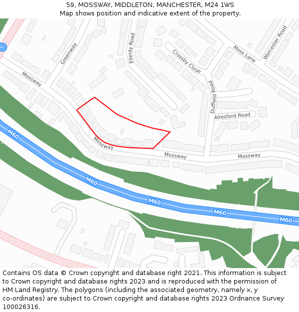 59, MOSSWAY, MIDDLETON, MANCHESTER, M24 1WS: Location map and indicative extent of plot