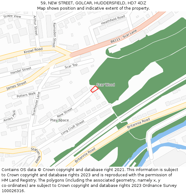 59, NEW STREET, GOLCAR, HUDDERSFIELD, HD7 4DZ: Location map and indicative extent of plot