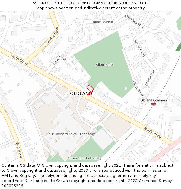 59, NORTH STREET, OLDLAND COMMON, BRISTOL, BS30 8TT: Location map and indicative extent of plot