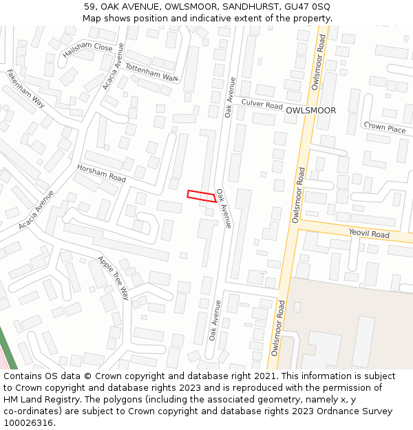 59, OAK AVENUE, OWLSMOOR, SANDHURST, GU47 0SQ: Location map and indicative extent of plot