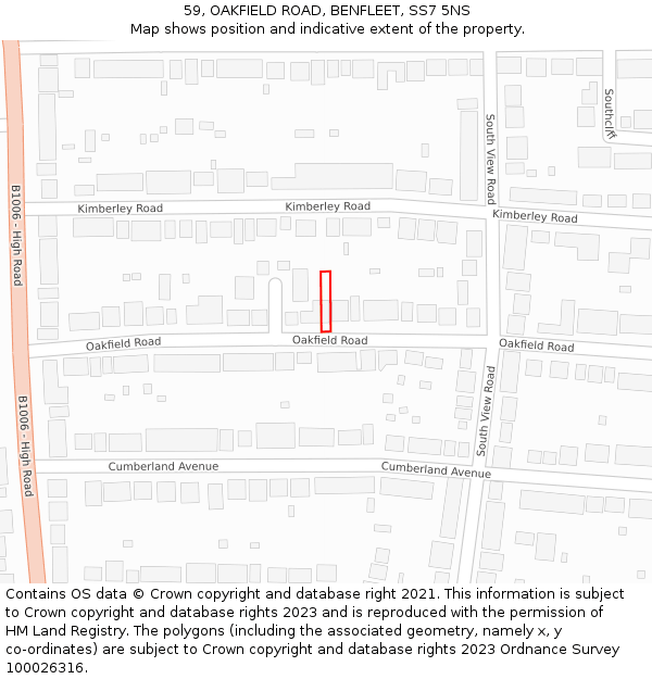 59, OAKFIELD ROAD, BENFLEET, SS7 5NS: Location map and indicative extent of plot