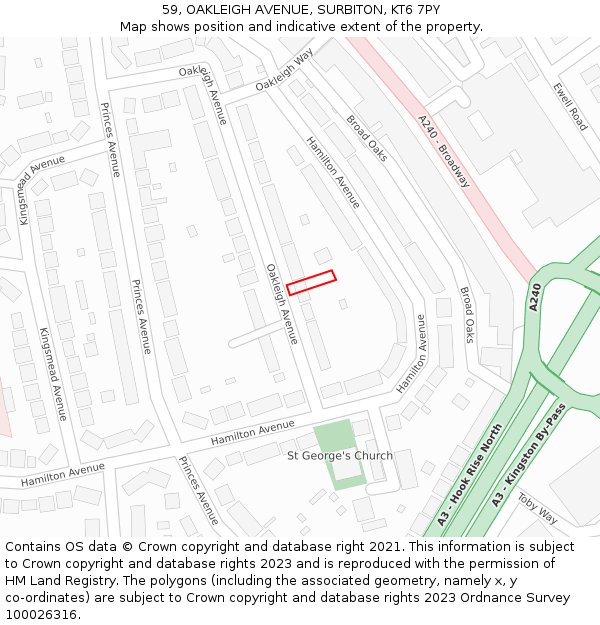 59, OAKLEIGH AVENUE, SURBITON, KT6 7PY: Location map and indicative extent of plot
