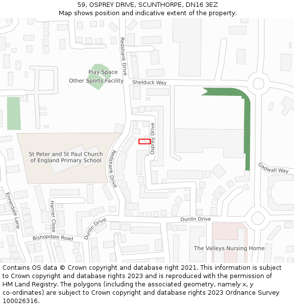 59, OSPREY DRIVE, SCUNTHORPE, DN16 3EZ: Location map and indicative extent of plot