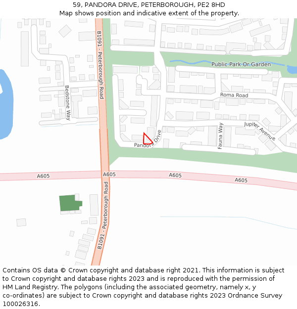 59, PANDORA DRIVE, PETERBOROUGH, PE2 8HD: Location map and indicative extent of plot