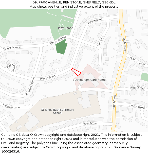 59, PARK AVENUE, PENISTONE, SHEFFIELD, S36 6DL: Location map and indicative extent of plot