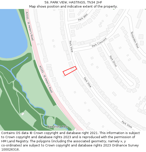 59, PARK VIEW, HASTINGS, TN34 2HF: Location map and indicative extent of plot