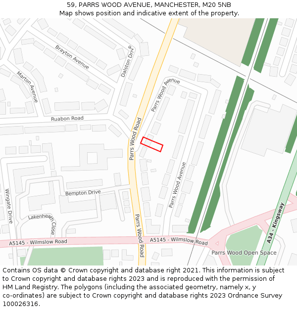 59, PARRS WOOD AVENUE, MANCHESTER, M20 5NB: Location map and indicative extent of plot
