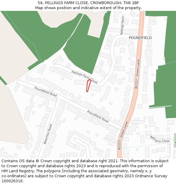 59, PELLINGS FARM CLOSE, CROWBOROUGH, TN6 2BF: Location map and indicative extent of plot