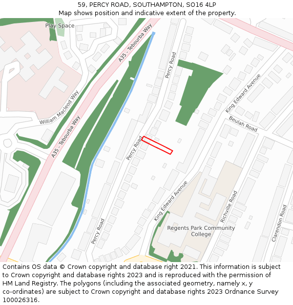 59, PERCY ROAD, SOUTHAMPTON, SO16 4LP: Location map and indicative extent of plot