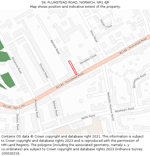 59, PLUMSTEAD ROAD, NORWICH, NR1 4JR: Location map and indicative extent of plot