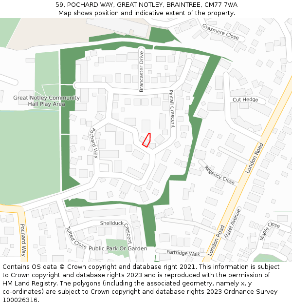 59, POCHARD WAY, GREAT NOTLEY, BRAINTREE, CM77 7WA: Location map and indicative extent of plot
