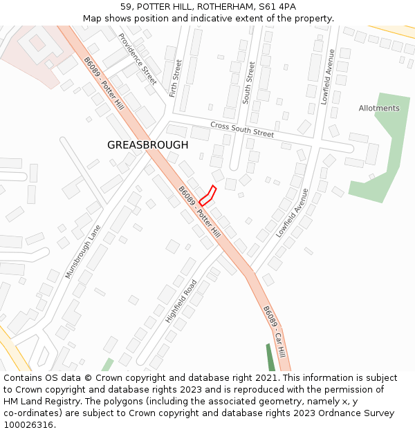 59, POTTER HILL, ROTHERHAM, S61 4PA: Location map and indicative extent of plot