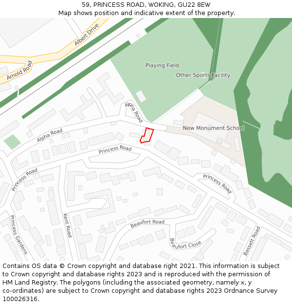 59, PRINCESS ROAD, WOKING, GU22 8EW: Location map and indicative extent of plot