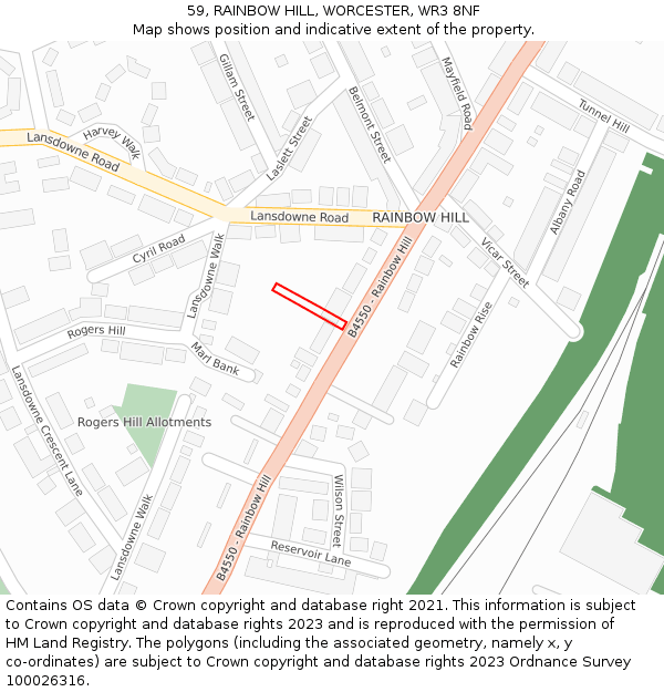 59, RAINBOW HILL, WORCESTER, WR3 8NF: Location map and indicative extent of plot