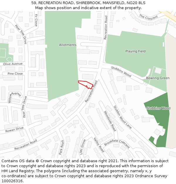 59, RECREATION ROAD, SHIREBROOK, MANSFIELD, NG20 8LS: Location map and indicative extent of plot