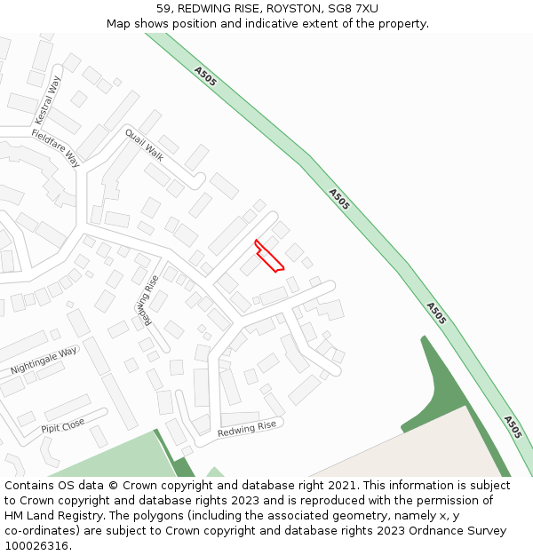 59, REDWING RISE, ROYSTON, SG8 7XU: Location map and indicative extent of plot