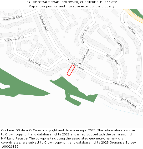 59, RIDGEDALE ROAD, BOLSOVER, CHESTERFIELD, S44 6TX: Location map and indicative extent of plot