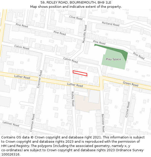 59, RIDLEY ROAD, BOURNEMOUTH, BH9 1LE: Location map and indicative extent of plot