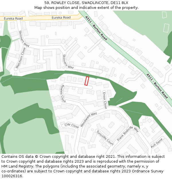 59, ROWLEY CLOSE, SWADLINCOTE, DE11 8LX: Location map and indicative extent of plot