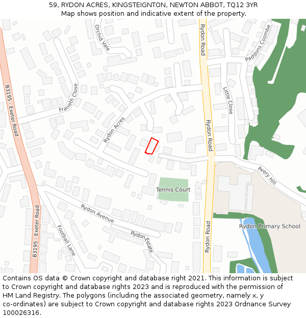 59, RYDON ACRES, KINGSTEIGNTON, NEWTON ABBOT, TQ12 3YR: Location map and indicative extent of plot