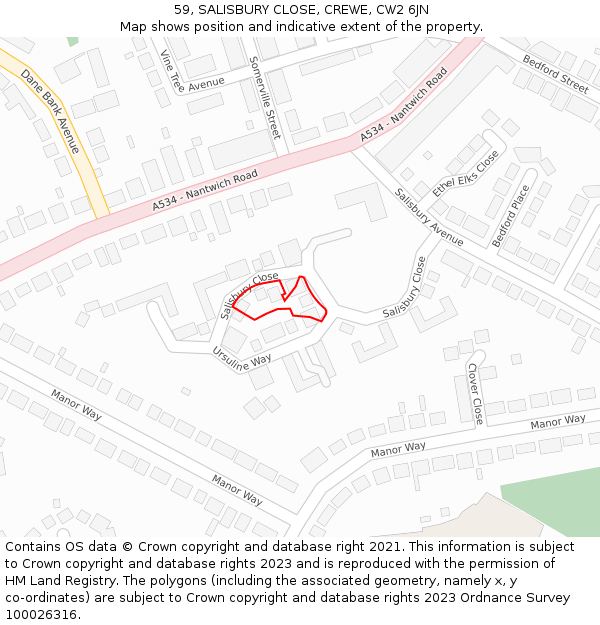 59, SALISBURY CLOSE, CREWE, CW2 6JN: Location map and indicative extent of plot