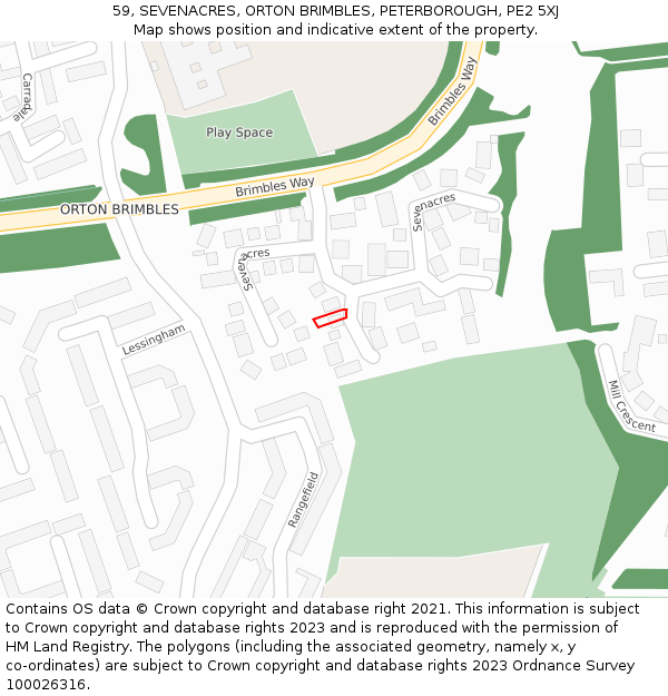 59, SEVENACRES, ORTON BRIMBLES, PETERBOROUGH, PE2 5XJ: Location map and indicative extent of plot