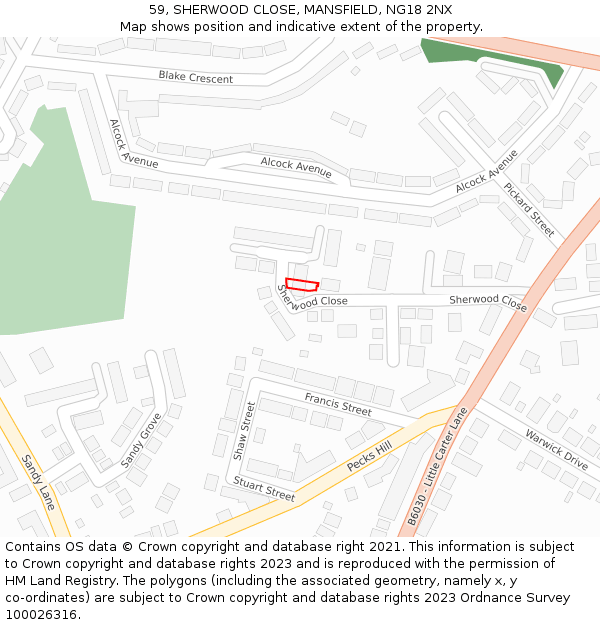 59, SHERWOOD CLOSE, MANSFIELD, NG18 2NX: Location map and indicative extent of plot