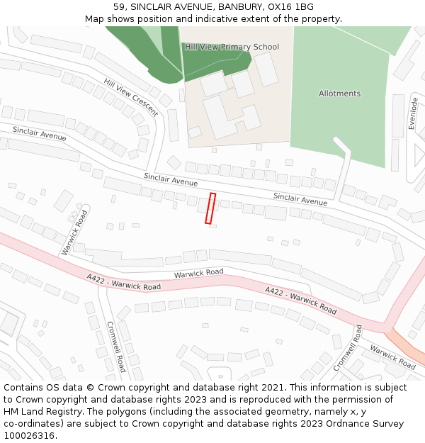 59, SINCLAIR AVENUE, BANBURY, OX16 1BG: Location map and indicative extent of plot