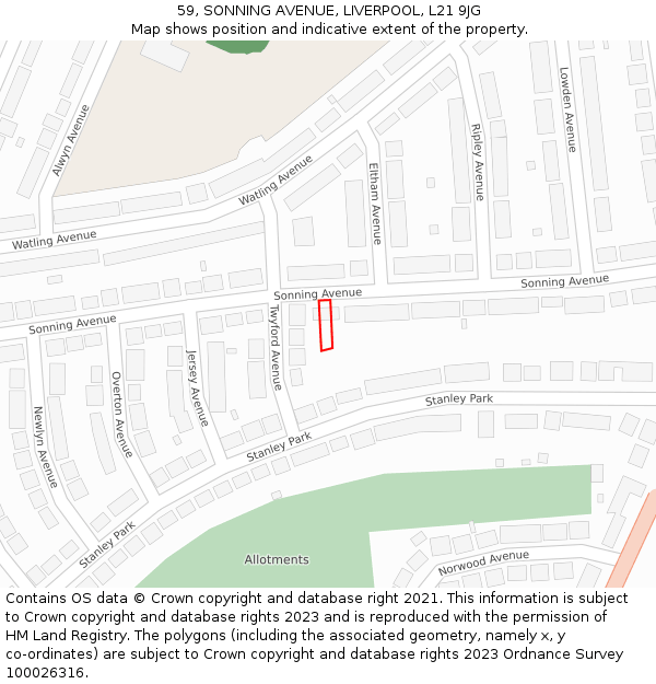 59, SONNING AVENUE, LIVERPOOL, L21 9JG: Location map and indicative extent of plot
