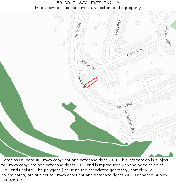 59, SOUTH WAY, LEWES, BN7 1LY: Location map and indicative extent of plot