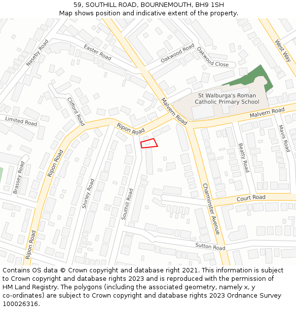 59, SOUTHILL ROAD, BOURNEMOUTH, BH9 1SH: Location map and indicative extent of plot