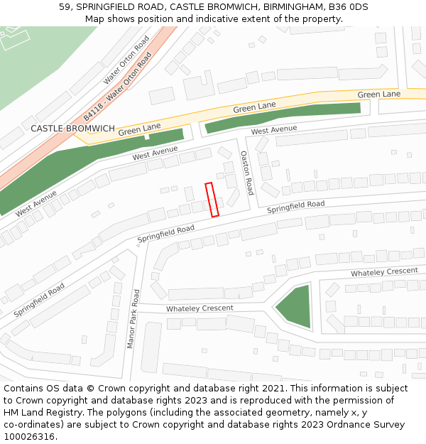 59, SPRINGFIELD ROAD, CASTLE BROMWICH, BIRMINGHAM, B36 0DS: Location map and indicative extent of plot