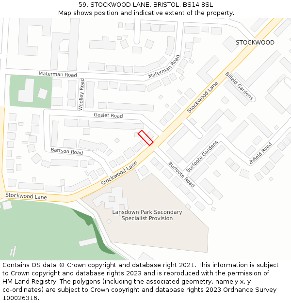 59, STOCKWOOD LANE, BRISTOL, BS14 8SL: Location map and indicative extent of plot