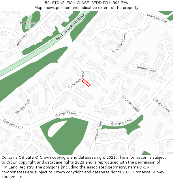 59, STONELEIGH CLOSE, REDDITCH, B98 7YW: Location map and indicative extent of plot