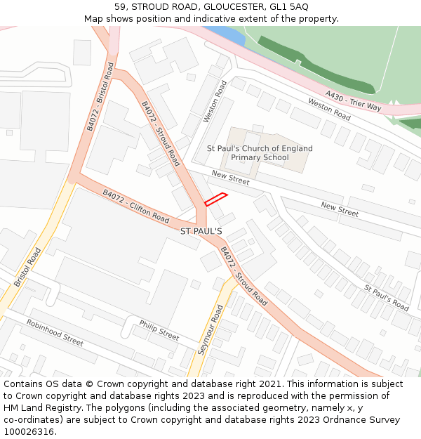 59, STROUD ROAD, GLOUCESTER, GL1 5AQ: Location map and indicative extent of plot
