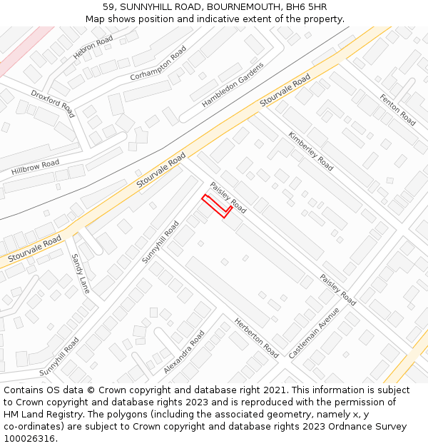 59, SUNNYHILL ROAD, BOURNEMOUTH, BH6 5HR: Location map and indicative extent of plot