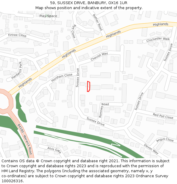 59, SUSSEX DRIVE, BANBURY, OX16 1UR: Location map and indicative extent of plot