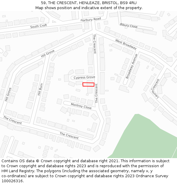59, THE CRESCENT, HENLEAZE, BRISTOL, BS9 4RU: Location map and indicative extent of plot