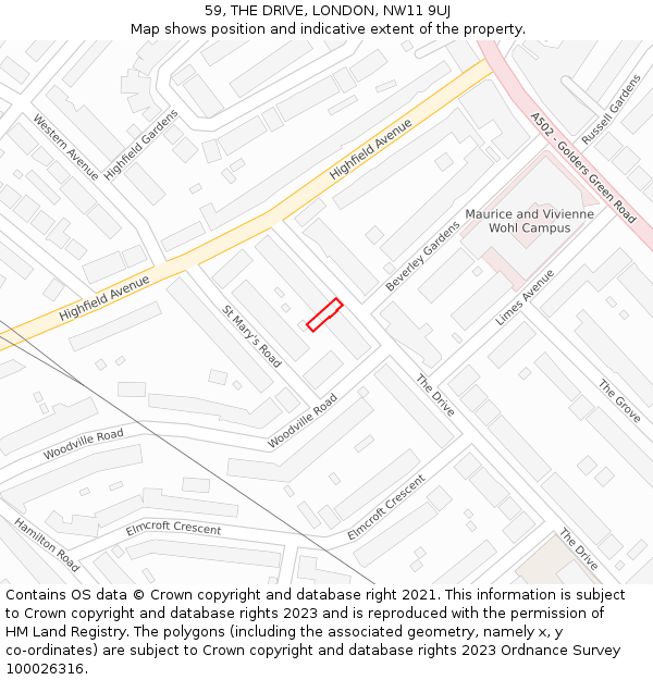 59, THE DRIVE, LONDON, NW11 9UJ: Location map and indicative extent of plot