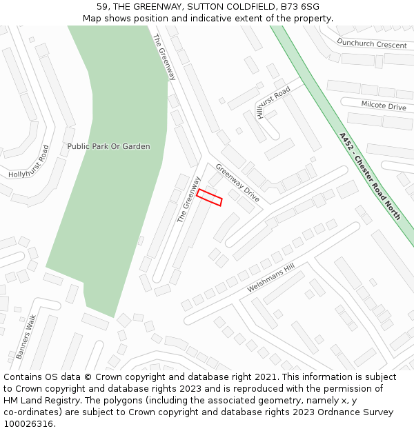 59, THE GREENWAY, SUTTON COLDFIELD, B73 6SG: Location map and indicative extent of plot